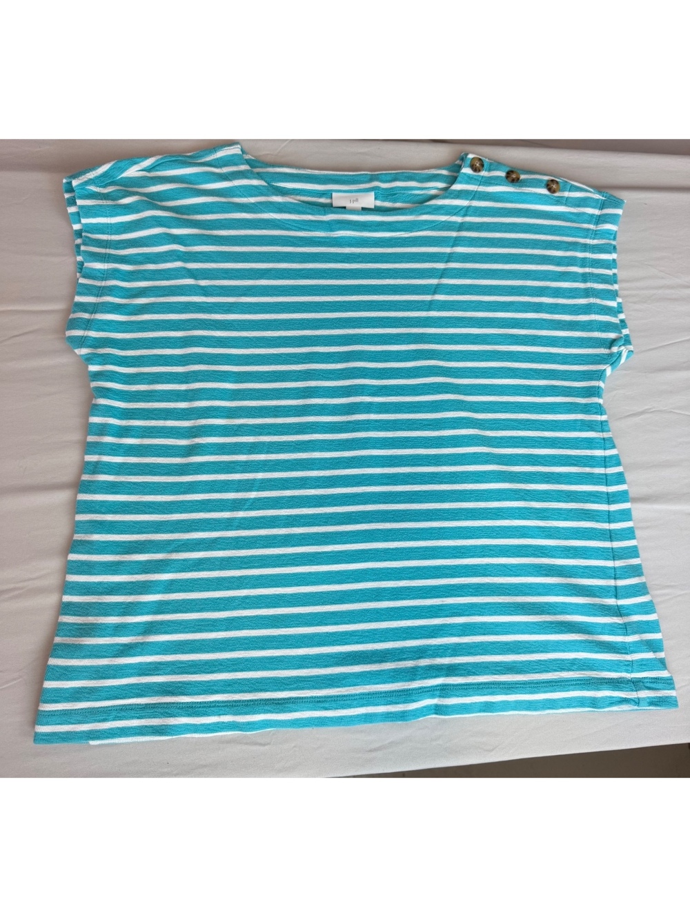 J Jill Top Womens Size Medium Petite Blue White Striped Short Sleeve Boxy Casual